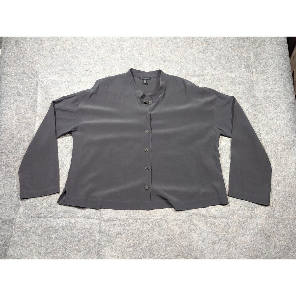 Eileen Fisher Medium Charcoal Gray Button Front Long Sleeve Workwear Career
